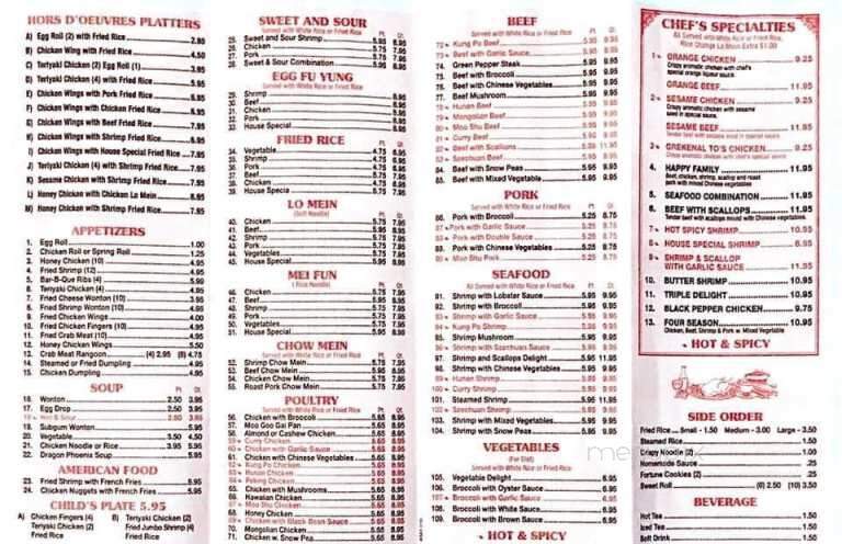 Chinese shop chef menu