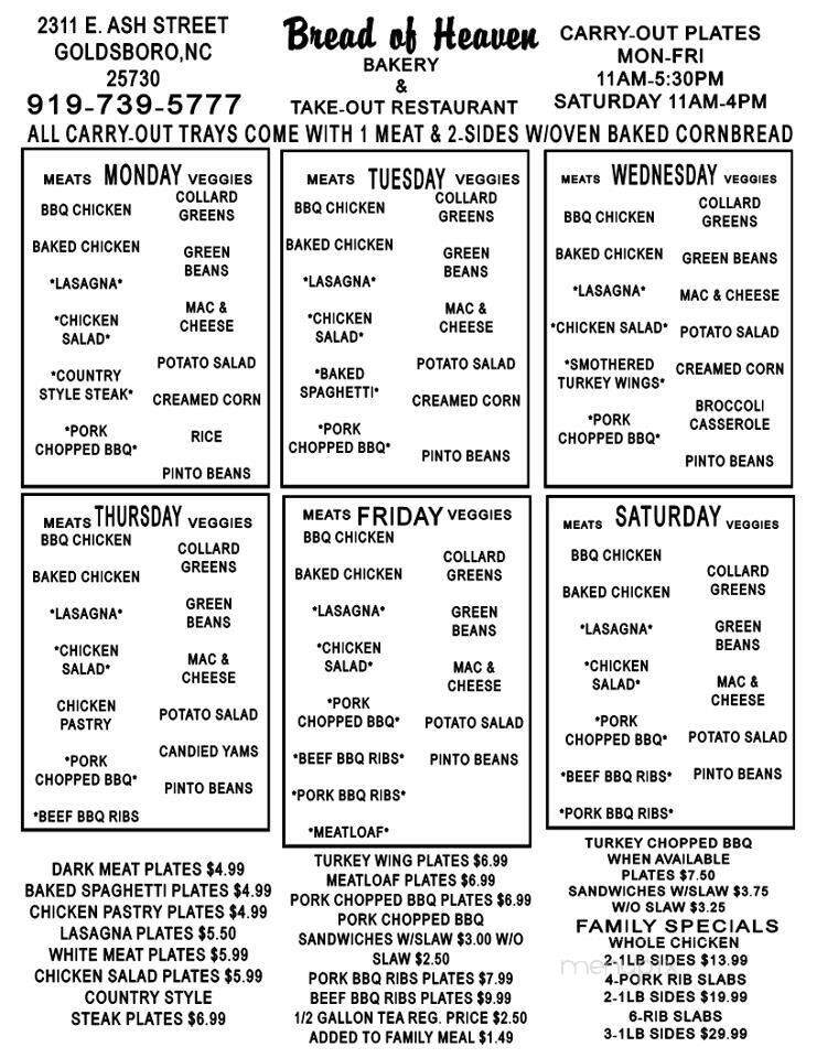 Bread of Heaven Restaurant - Goldsboro, NC menu_pic