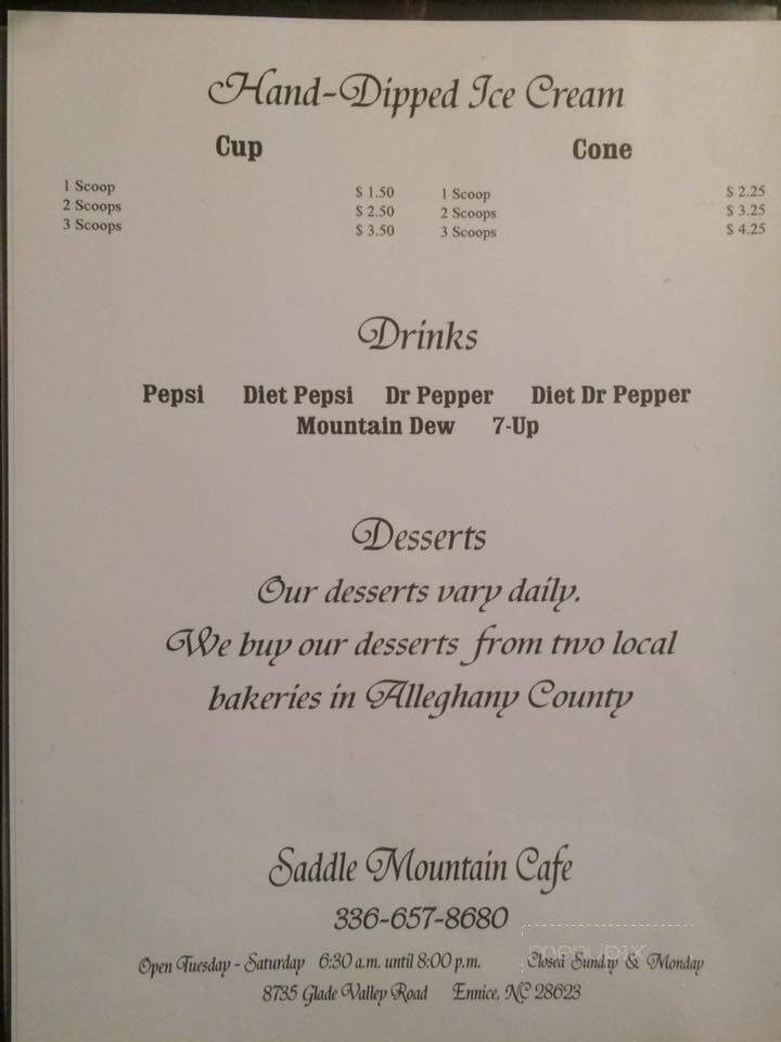 Saddle Mountain Cafe - Ennice, NC menu_pic