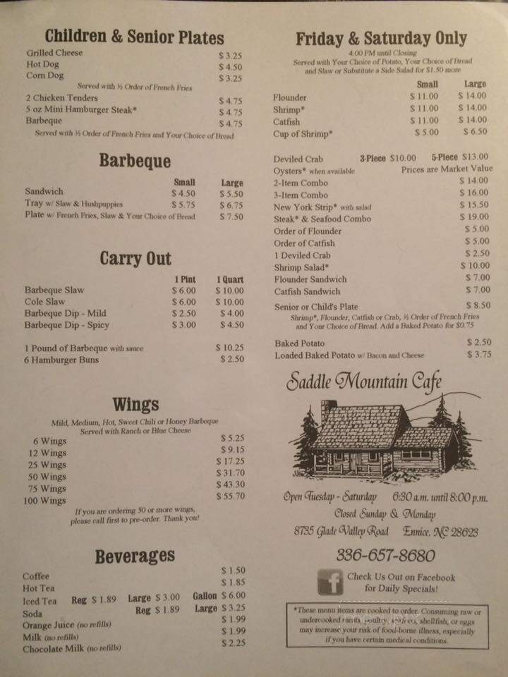 Saddle Mountain Cafe - Ennice, NC menu_pic