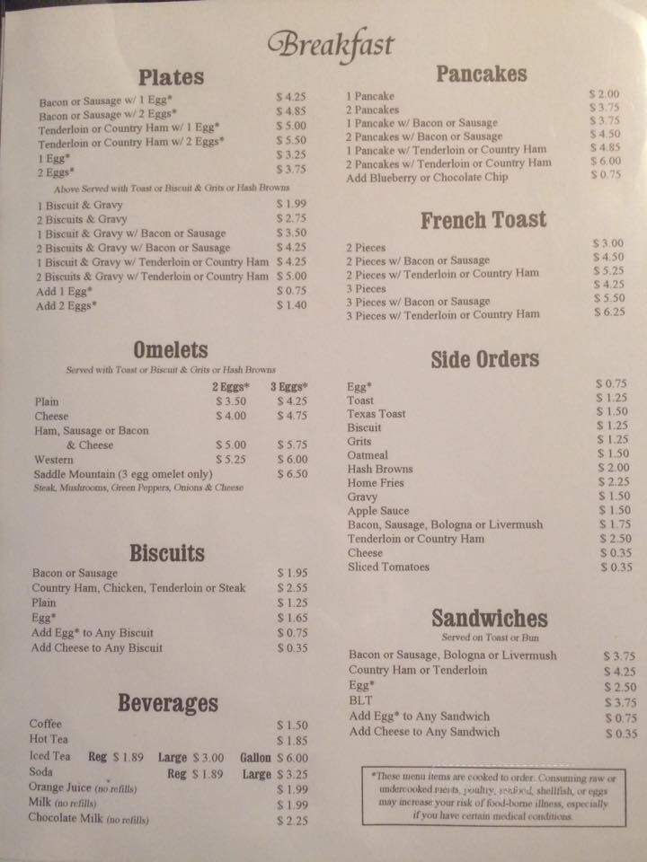 Saddle Mountain Cafe - Ennice, NC menu_pic