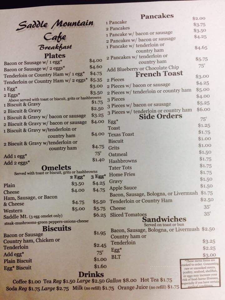 Saddle Mountain Cafe - Ennice, NC menu_pic