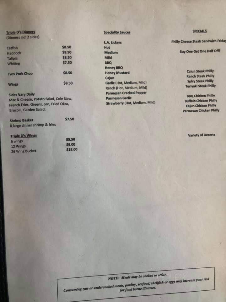 Triple D's Diner - Farrell, PA menu_pic