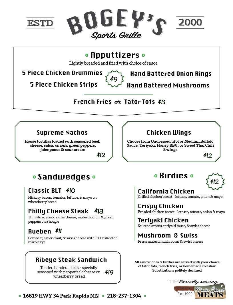 Bogey's Sports Grill - Park Rapids, MN menu_pic