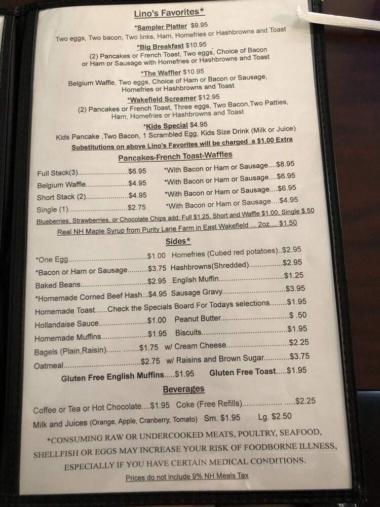 Lino's Restaurant - Sanbornville, NH menu_pic