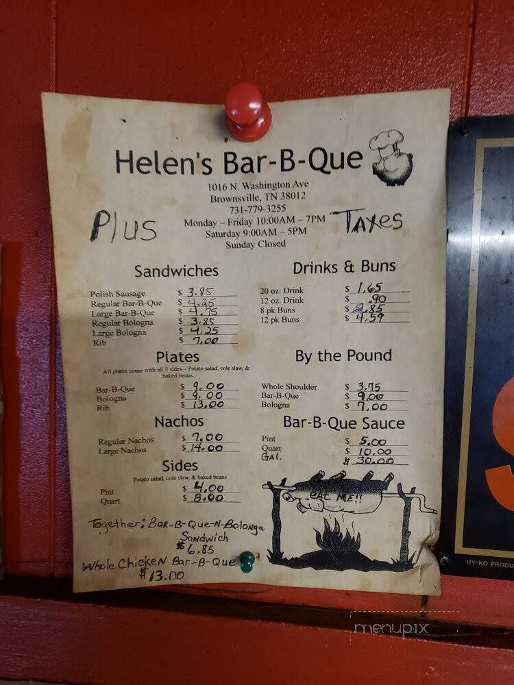 Menu of Helen's Bar Bq in Brownsville, TN 38012