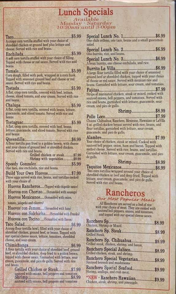 La Villa - Mena, AR menu_pic