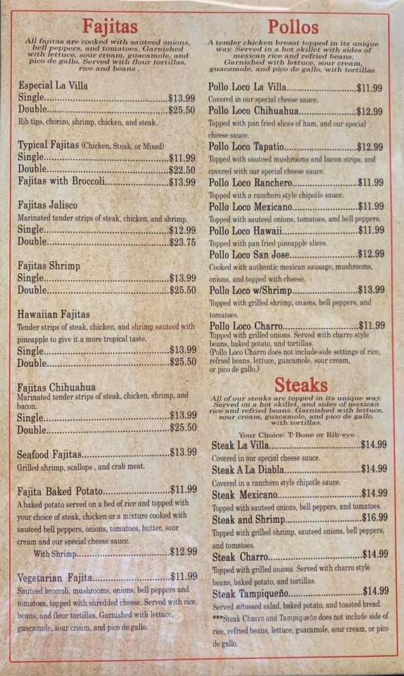La Villa - Mena, AR menu_pic
