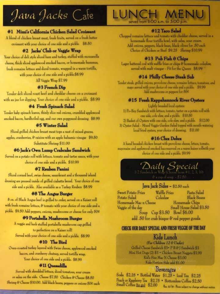 Java Jacks Coffee House - Tappahannock, VA menu_pic