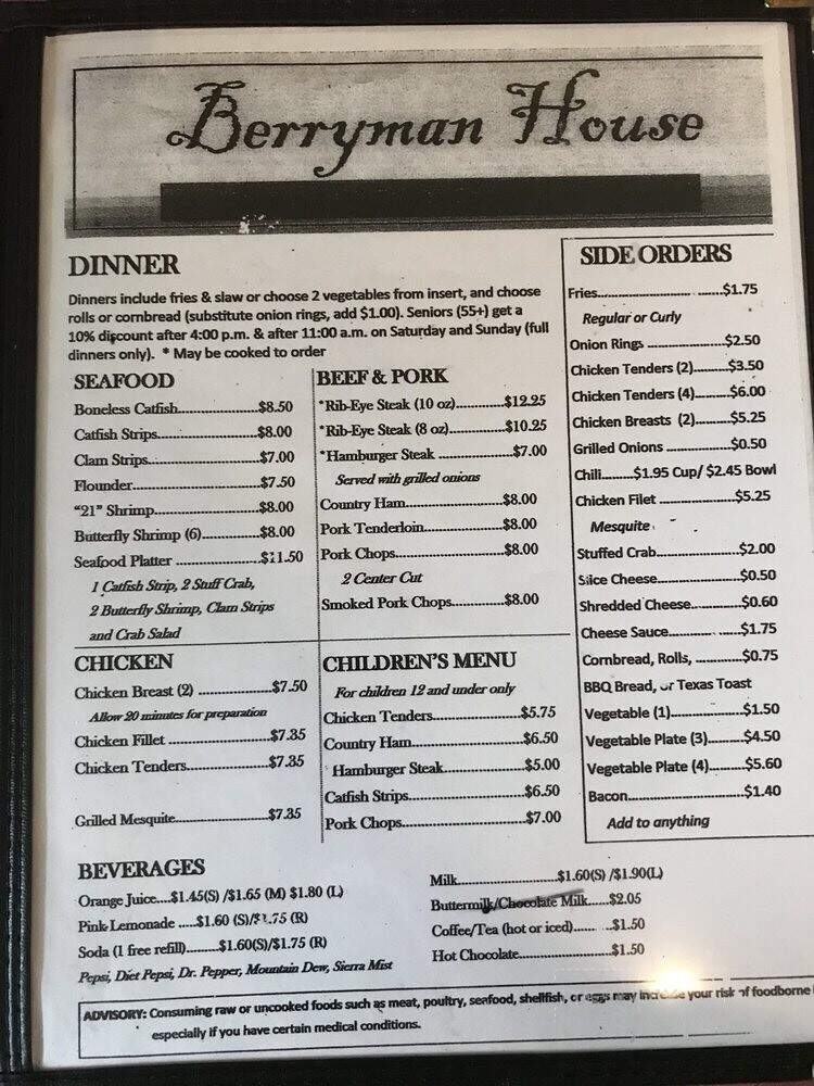 Berryman House Restaurant - Bowman, GA menu_pic