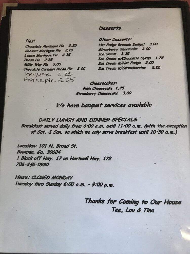 Berryman House Restaurant - Bowman, GA menu_pic