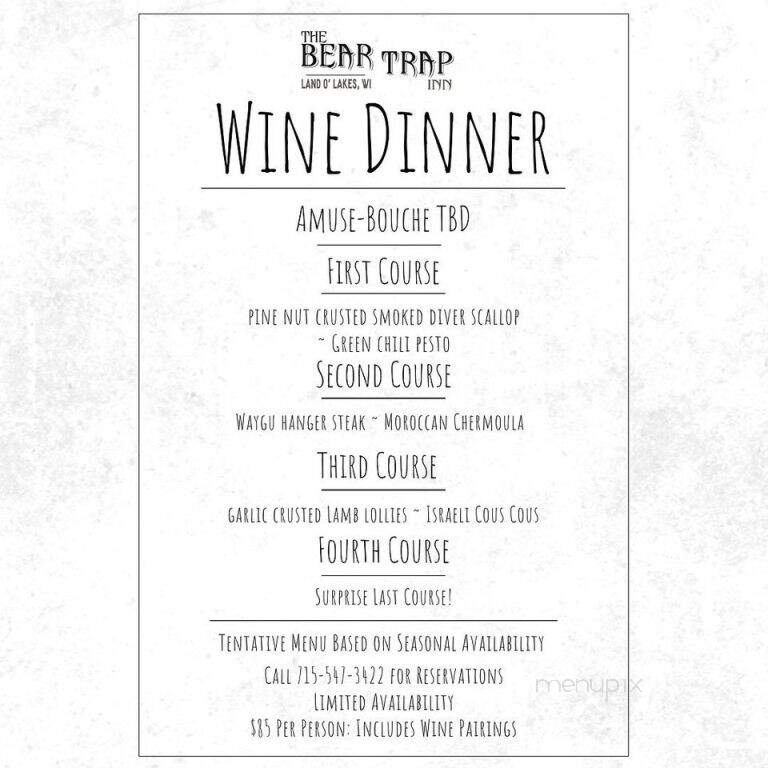 Bear Trap Inn - Land O' Lakes, WI menu_pic