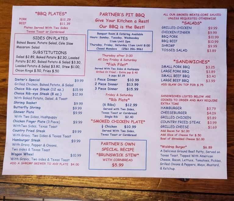 Partner's Pit Barbeque - Lineville, AL menu_pic
