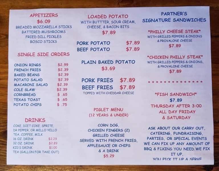 Partner's Pit Barbeque - Lineville, AL menu_pic