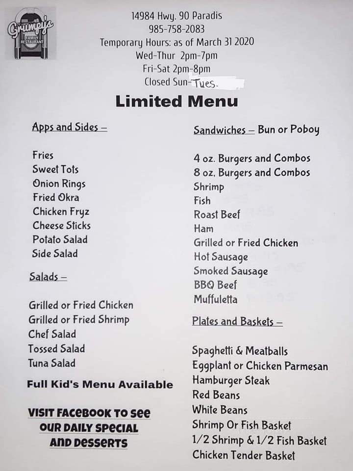 Grumpy's - Paradis, LA menu_pic
