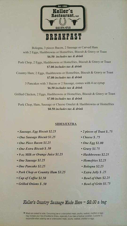 Keller's Restaurant - Hartsville, TN menu_pic