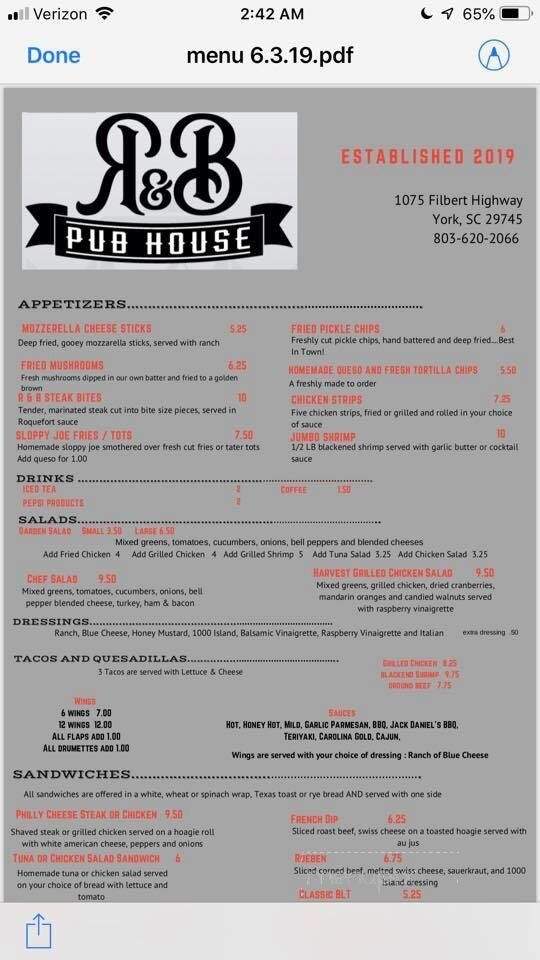 R & B Pub House - York, SC menu_pic