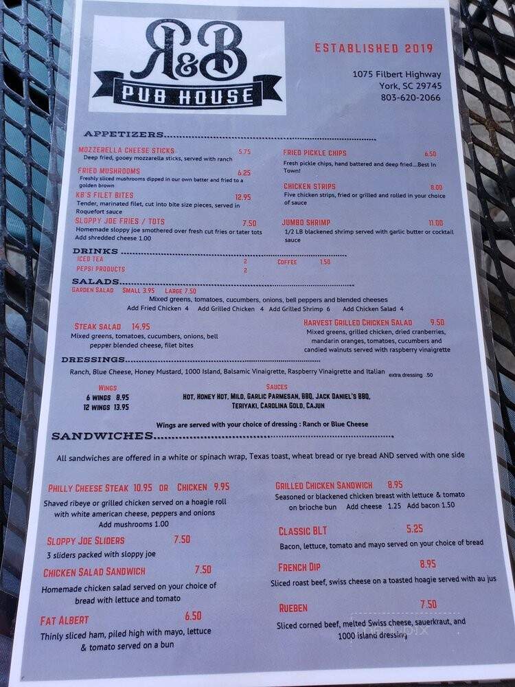 R & B Pub House - York, SC menu_pic