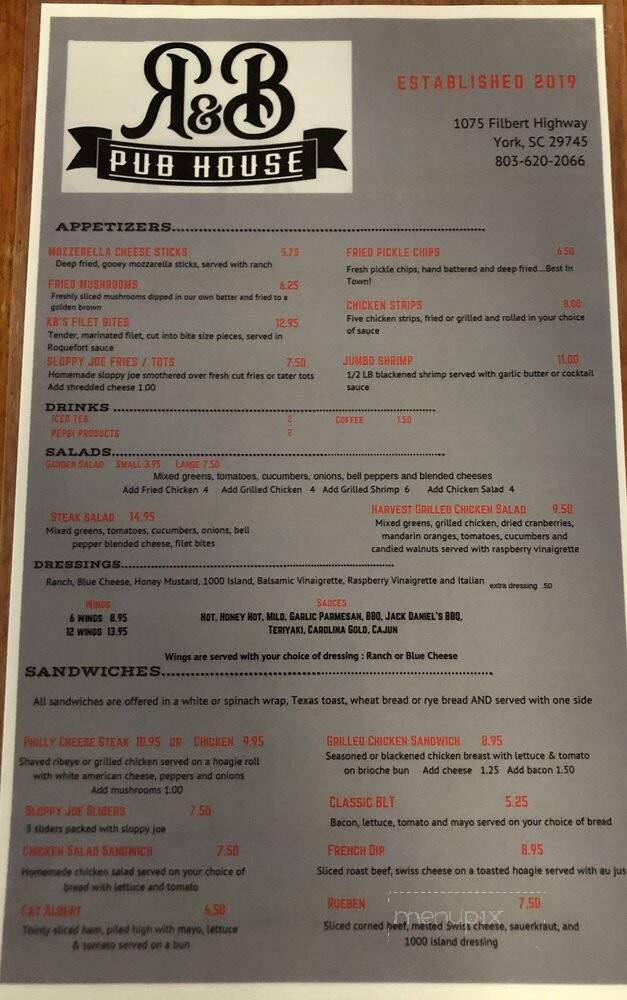 R & B Pub House - York, SC menu_pic