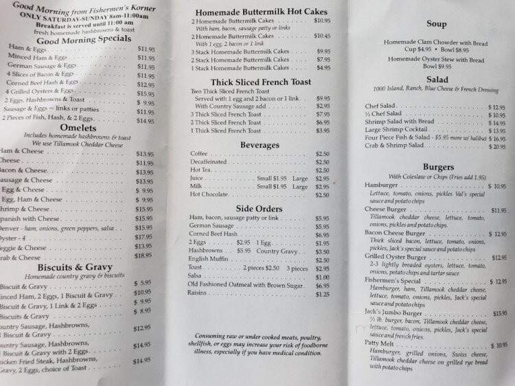 Fisherman's Korner Restaurant - Garibaldi, OR menu_pic