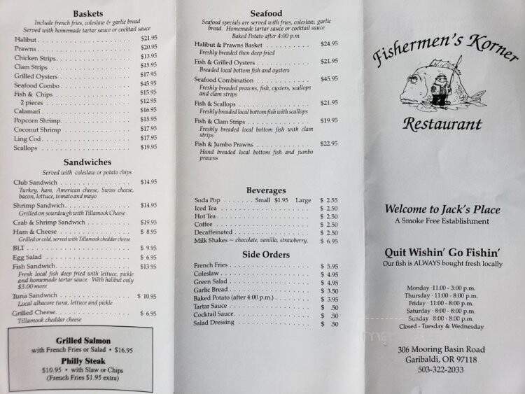 Fisherman's Korner Restaurant - Garibaldi, OR menu_pic
