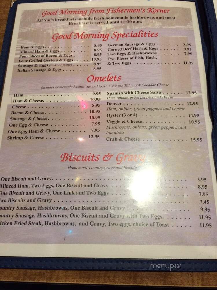 Fisherman's Korner Restaurant - Garibaldi, OR menu_pic