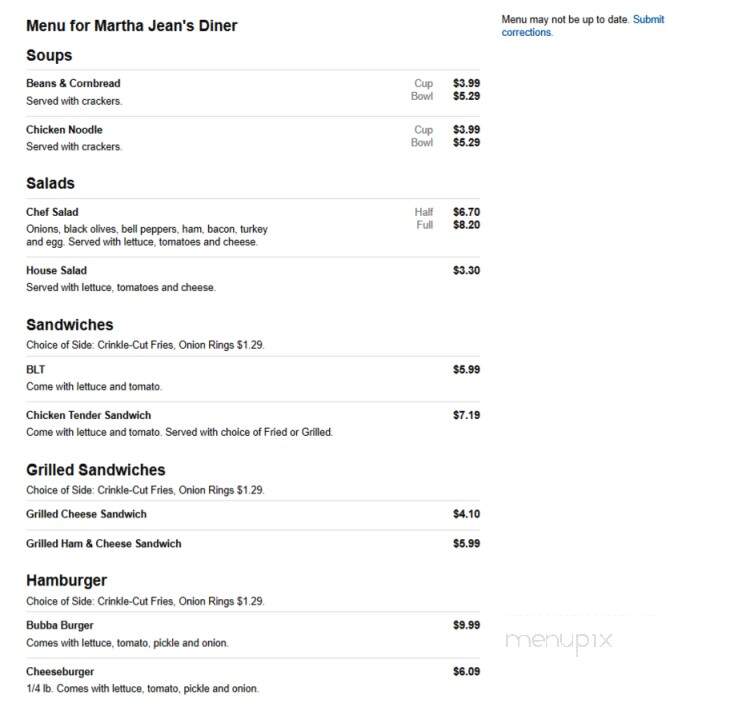 Martha Jean's Diner - Beebe, AR menu_pic
