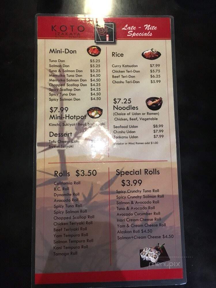 Koto Izakaya Sushi & Robata - Richmond, BC menu_pic