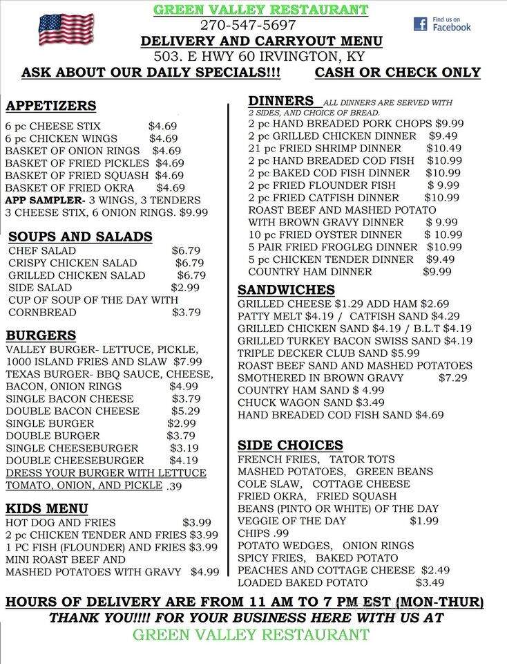 Green Valley Restaurant - Irvington, KY menu_pic