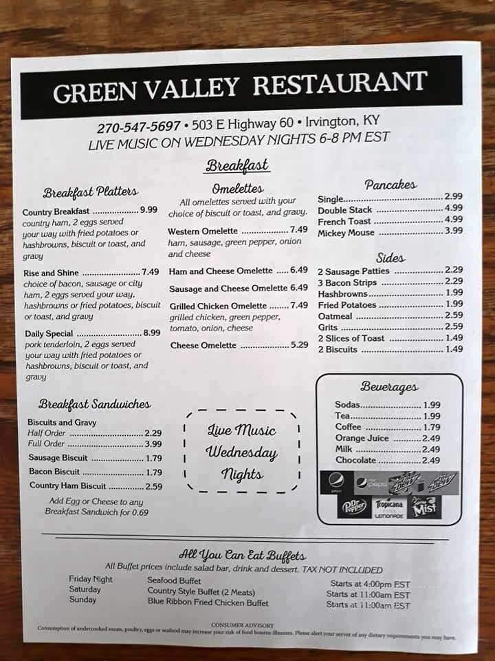 Green Valley Restaurant - Irvington, KY menu_pic