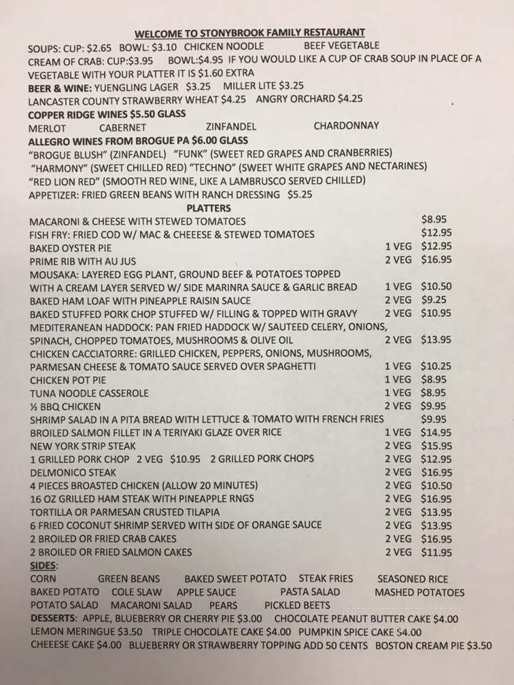 Stonybrook Family Restaurant - York, PA menu_pic