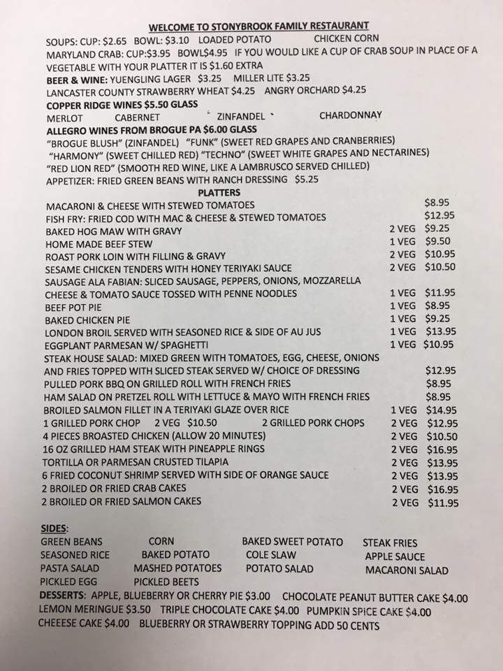 Stonybrook Family Restaurant - York, PA menu_pic