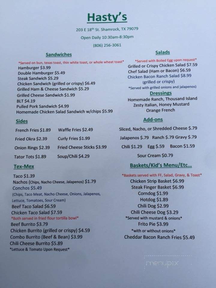 Hasty's Hamburgers - Shamrock, TX menu_pic