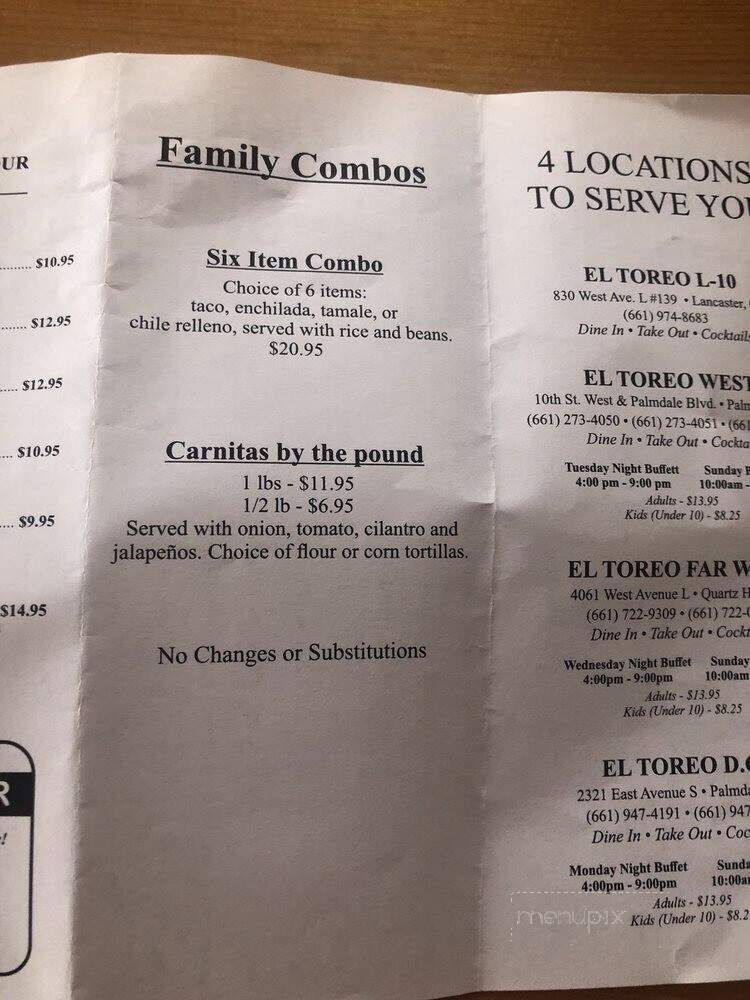 El Toreo West - Palmdale, CA menu_pic