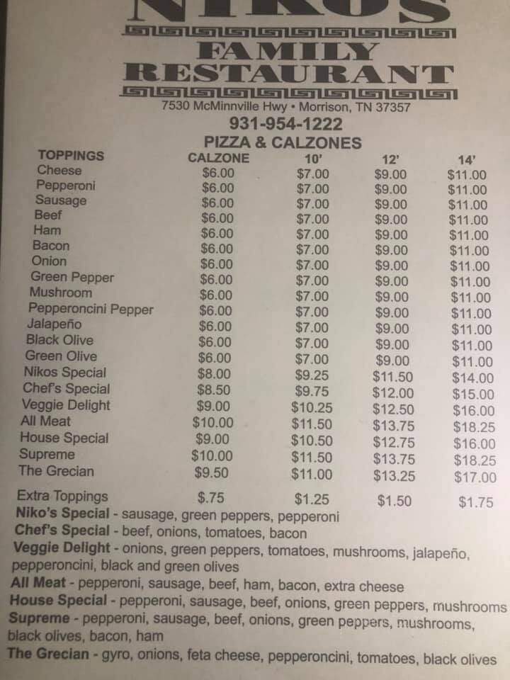 Niko's Family Restaurant - Morrison, TN menu_pic