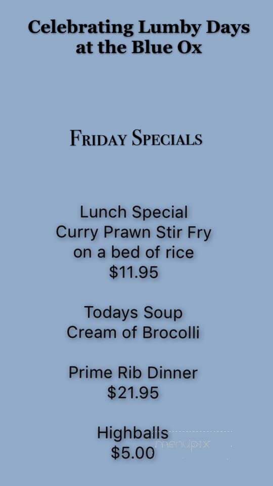 Blue Ox Pub - Vernon, BC menu_pic