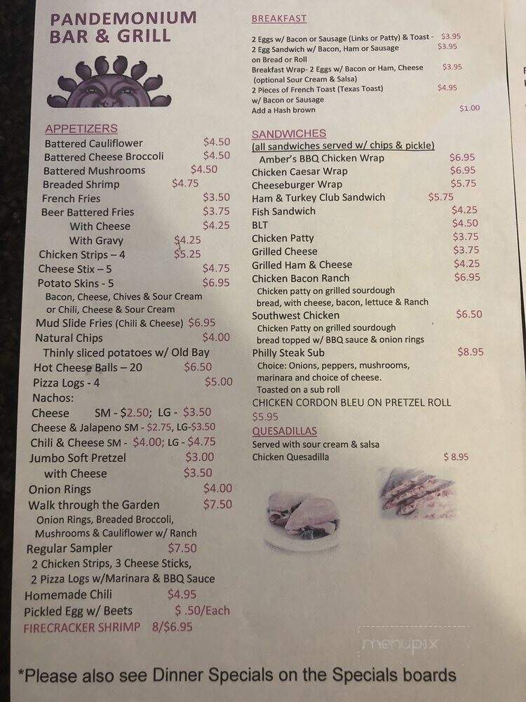 Pandemonium Bar & Grill - Shermans Dale, PA menu_pic