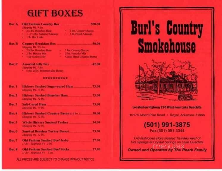 Burl's Country Smokehouse - Royal, AR menu_pic
