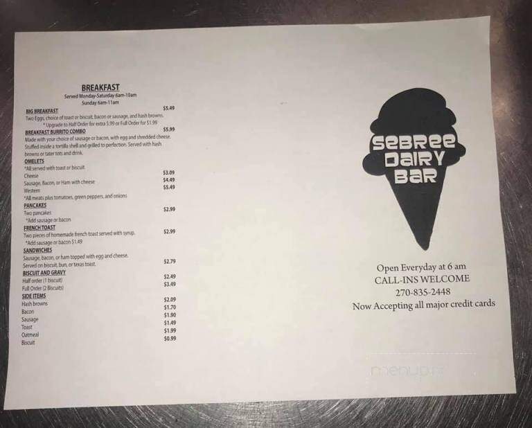 Sebree Dairy Bar - Sebree, KY menu_pic