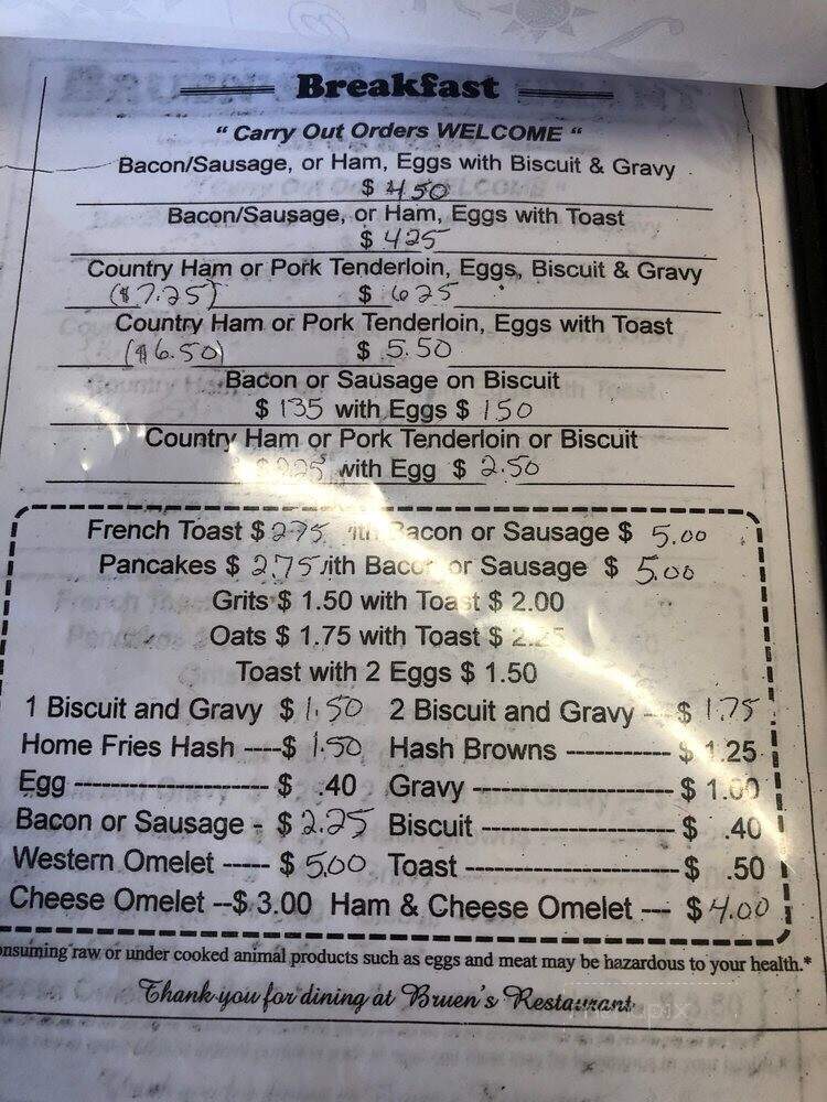 Bruen's Restaurant - Stanton, KY menu_pic