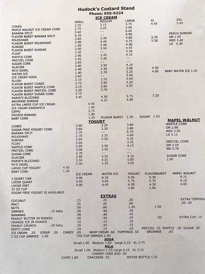 Hudock's Frozen Custard Stand - Salem, NJ menu_pic
