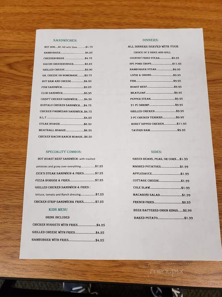 Zick's Restaurant - Buckhannon, WV menu_pic