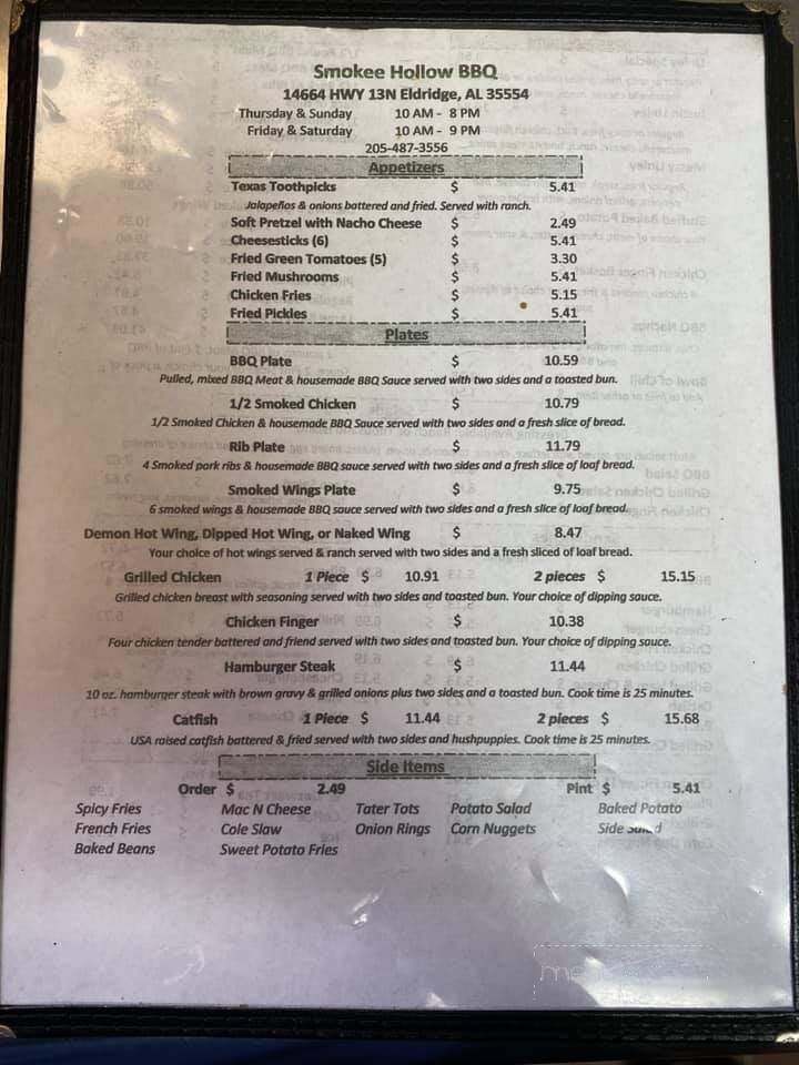 Smokee Hollow Bar-B-Que - Eldridge, AL menu_pic