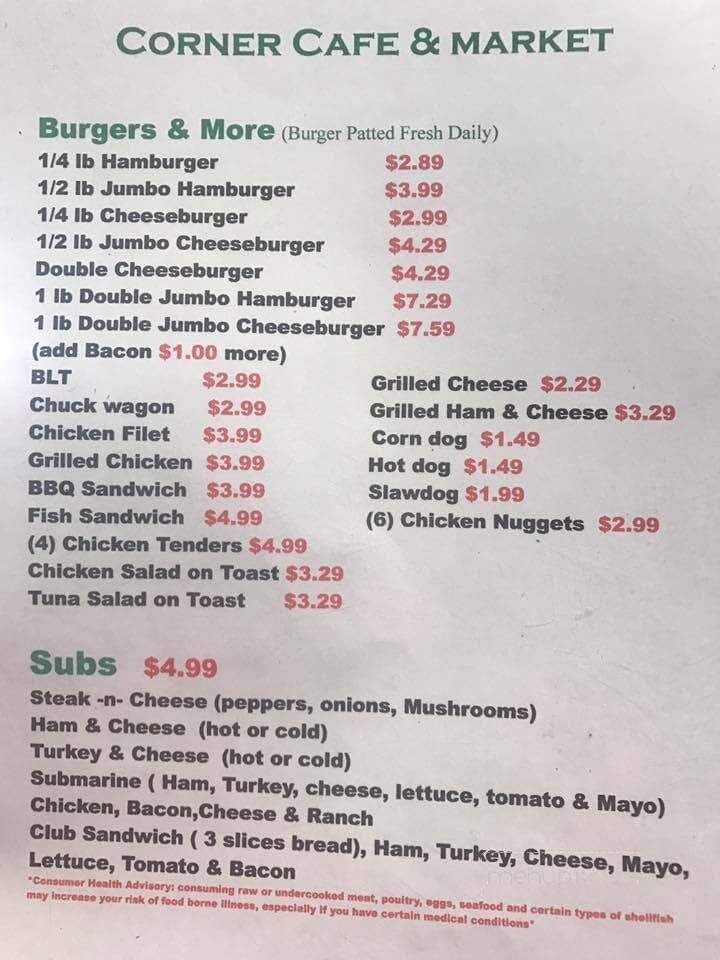 Corner Market and Cafe - Mouth of Wilson, VA menu_pic