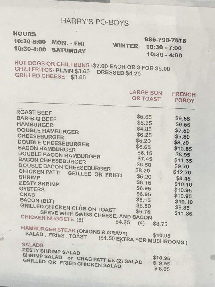 Harry's Po-Boys - Larose, LA menu_pic