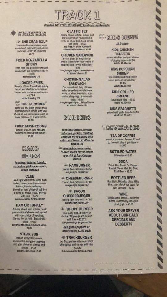 Track 1 Restaurant - Camden, NC menu_pic