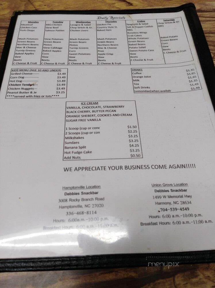 Debbie's Snack Bar Union Grove - Harmony, NC menu_pic