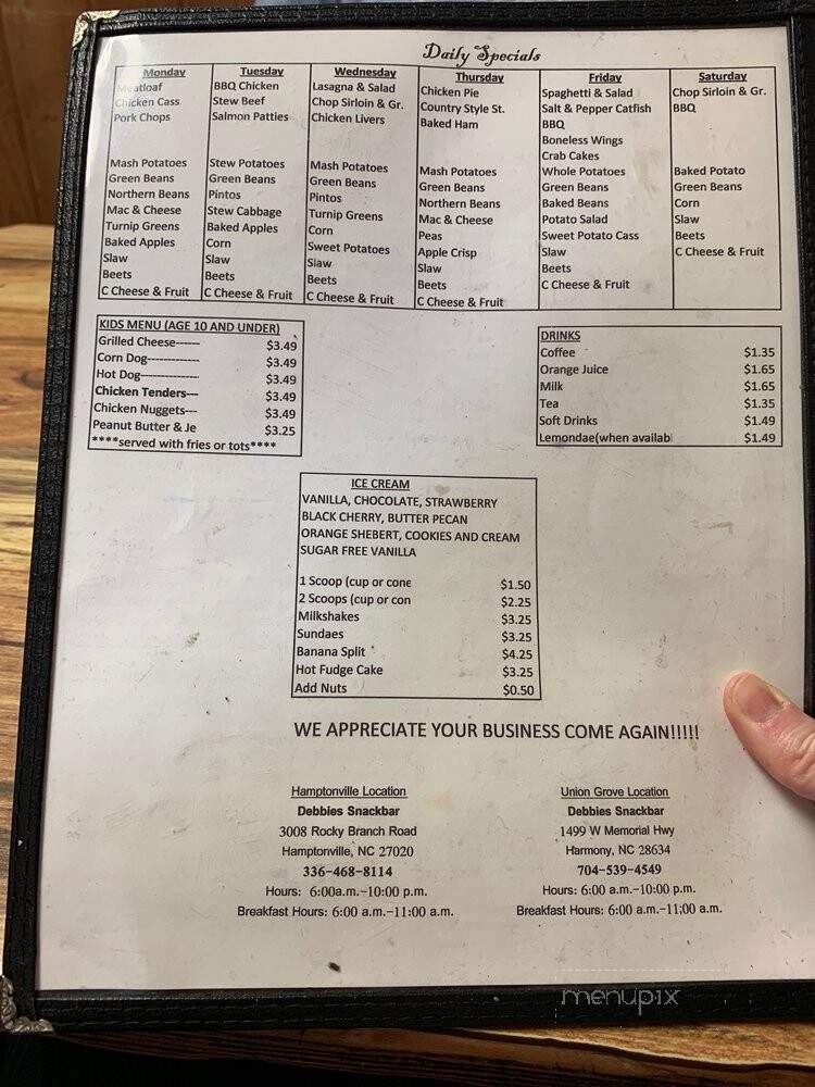 Debbie's Snack Bar Union Grove - Harmony, NC menu_pic