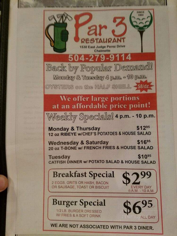 Par 3 Restaurant & Lounge - Chalmette, LA menu_pic