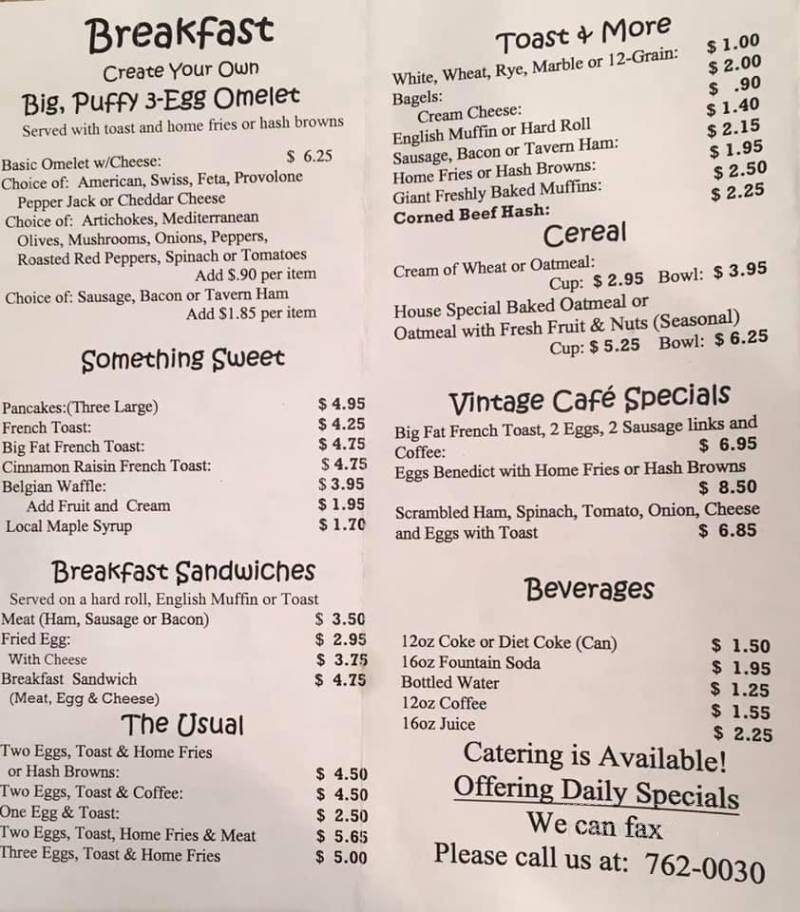 Vintage Cafe - Johnstown, NY menu_pic